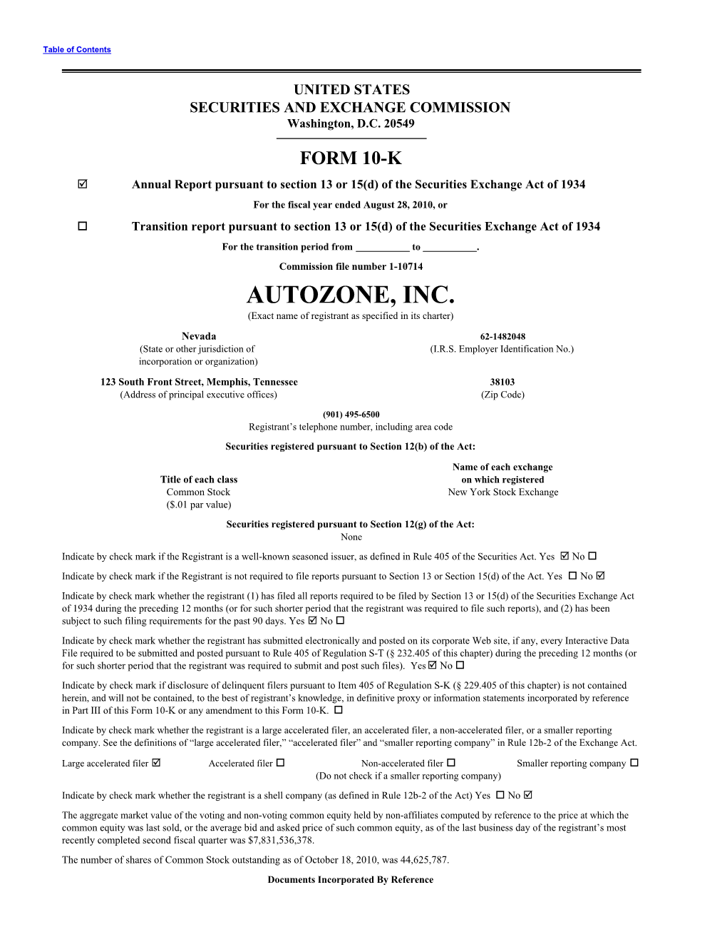 AUTOZONE, INC. (Exact Name of Registrant As Specified in Its Charter)