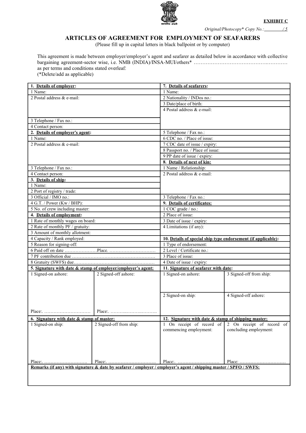 Articles of Agreement for Employment of Seafarers