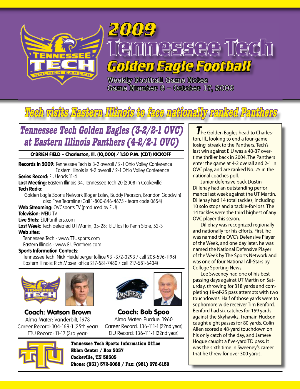 Tennessee Tech Golden Eagle Football Weekly Football Game Notes Game Number 6 -- October 17, 2009