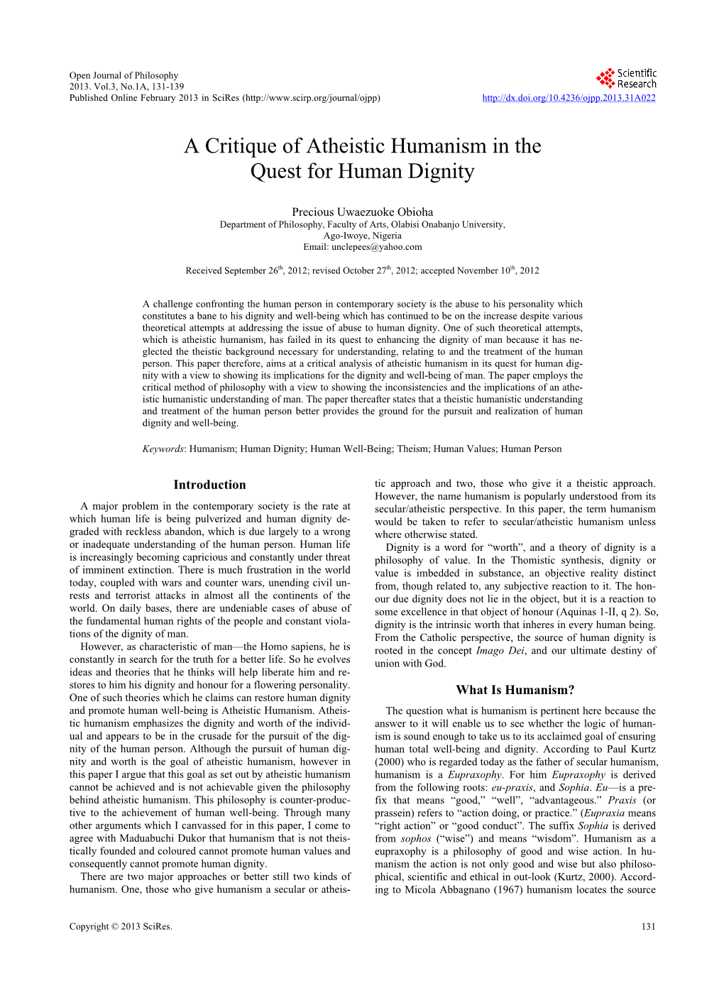 A Critique of Atheistic Humanism in the Quest for Human Dignity