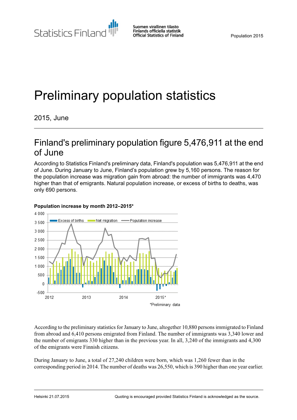 Preliminary Population Statistics 2015, June