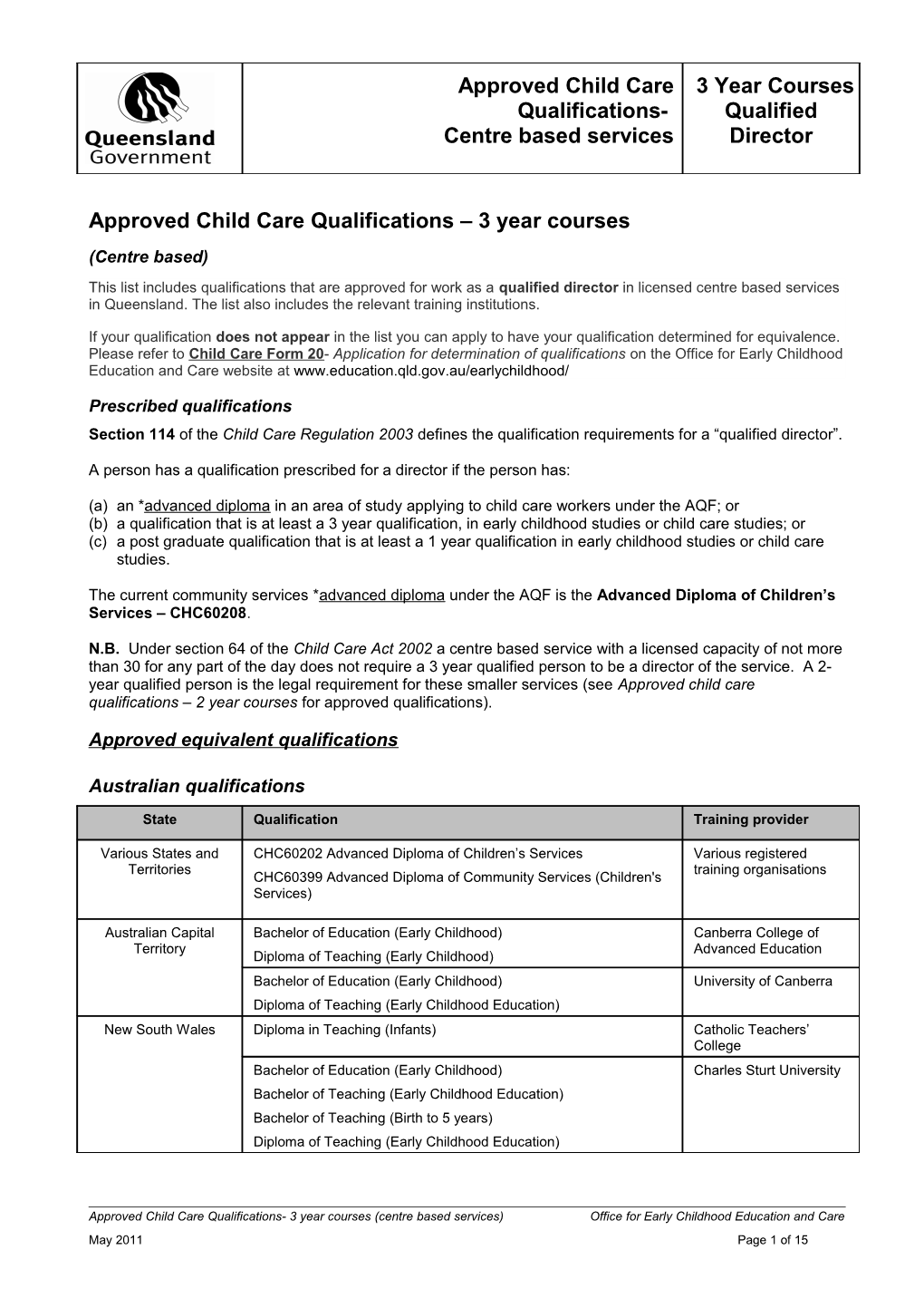 Approved Child Care Qualifications 3 Year Courses