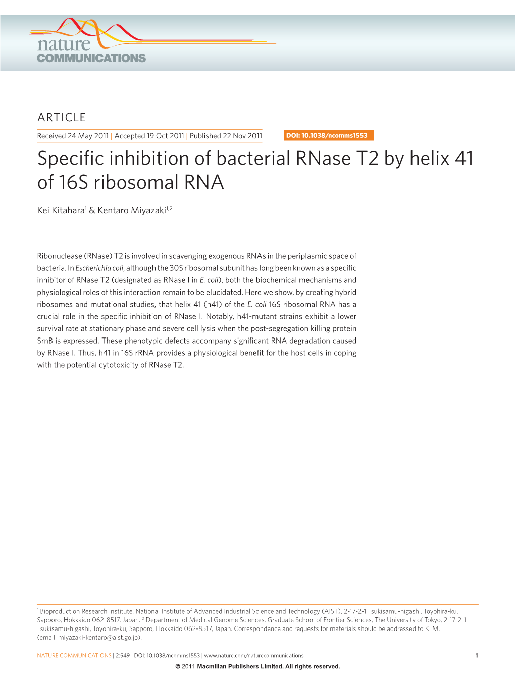 Specific Inhibition of Bacterial Rnase T2 by Helix 41 of 16S Ribosomal RNA