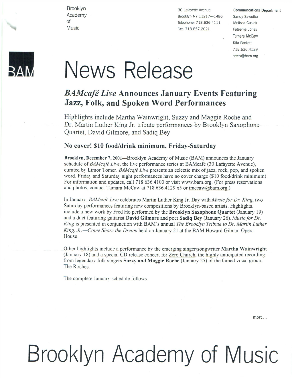 News Release Brooklyn Academy of Music