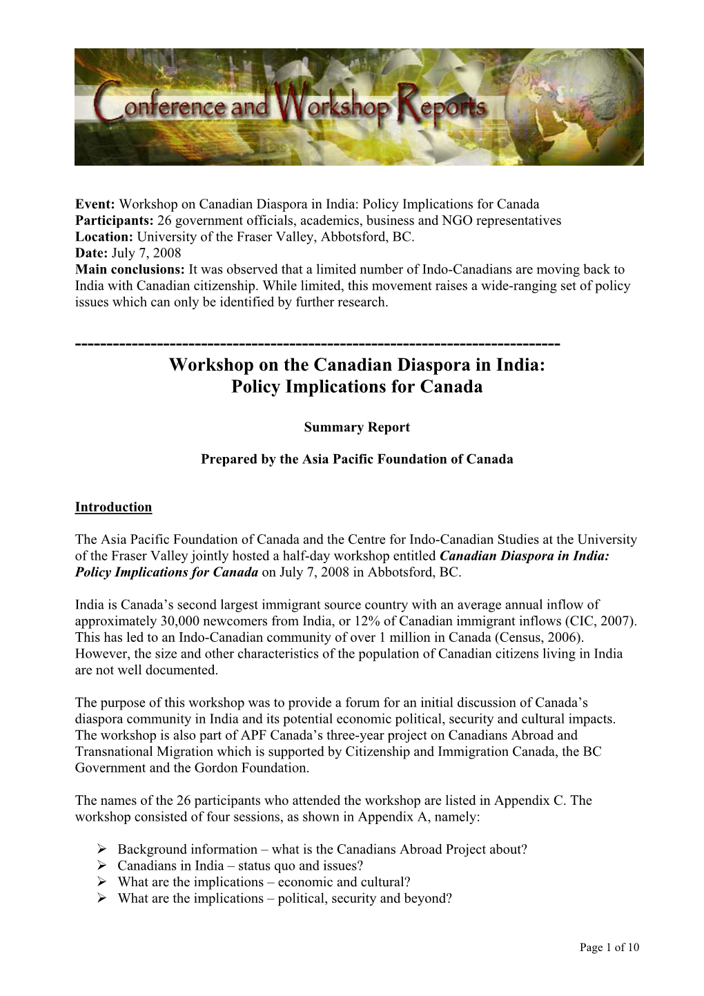 Workshop on “Canadian Diaspora in India: Policy Implications for Canada”