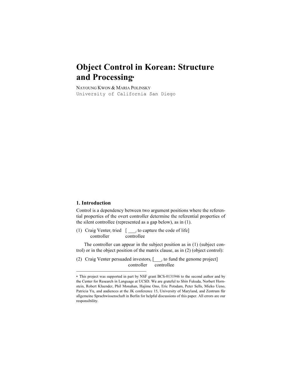 Object Control in Korean: Structure and Processing*