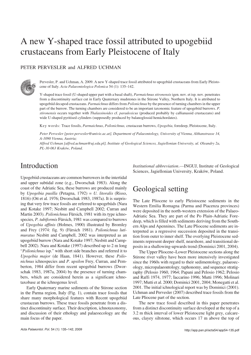 A New Y−Shaped Trace Fossil Attributed to Upogebiid Crustaceans from Early Pleistocene of Italy