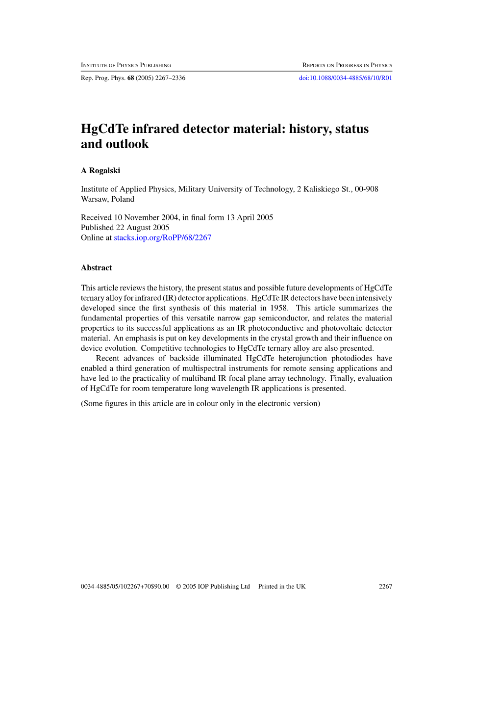 Hgcdte Infrared Detector Material: History, Status and Outlook