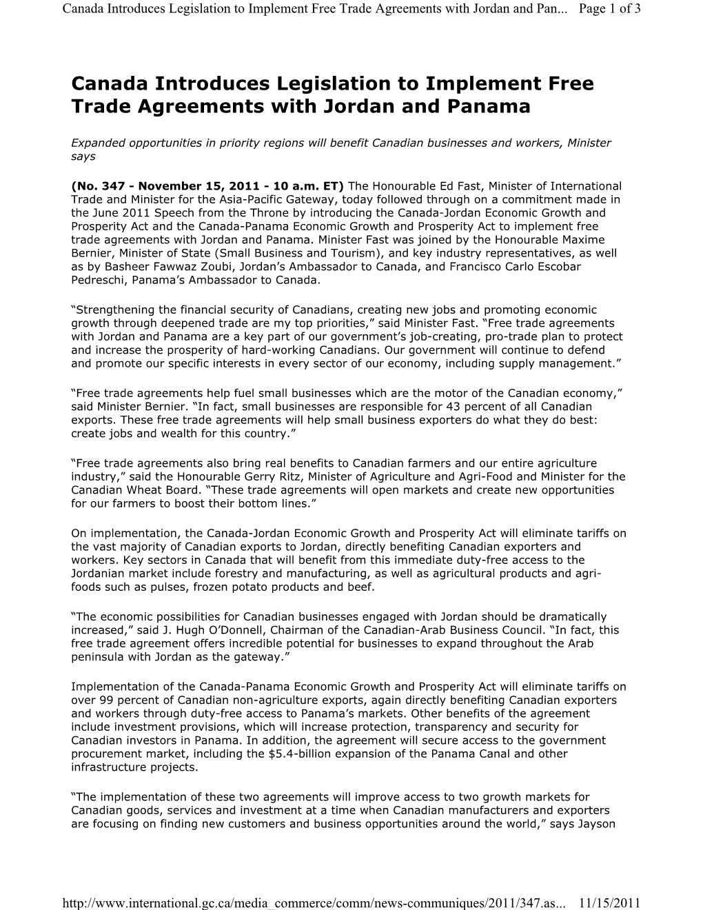 Canada Introduces Legislation to Implement Free Trade Agreements with Jordan and Panama