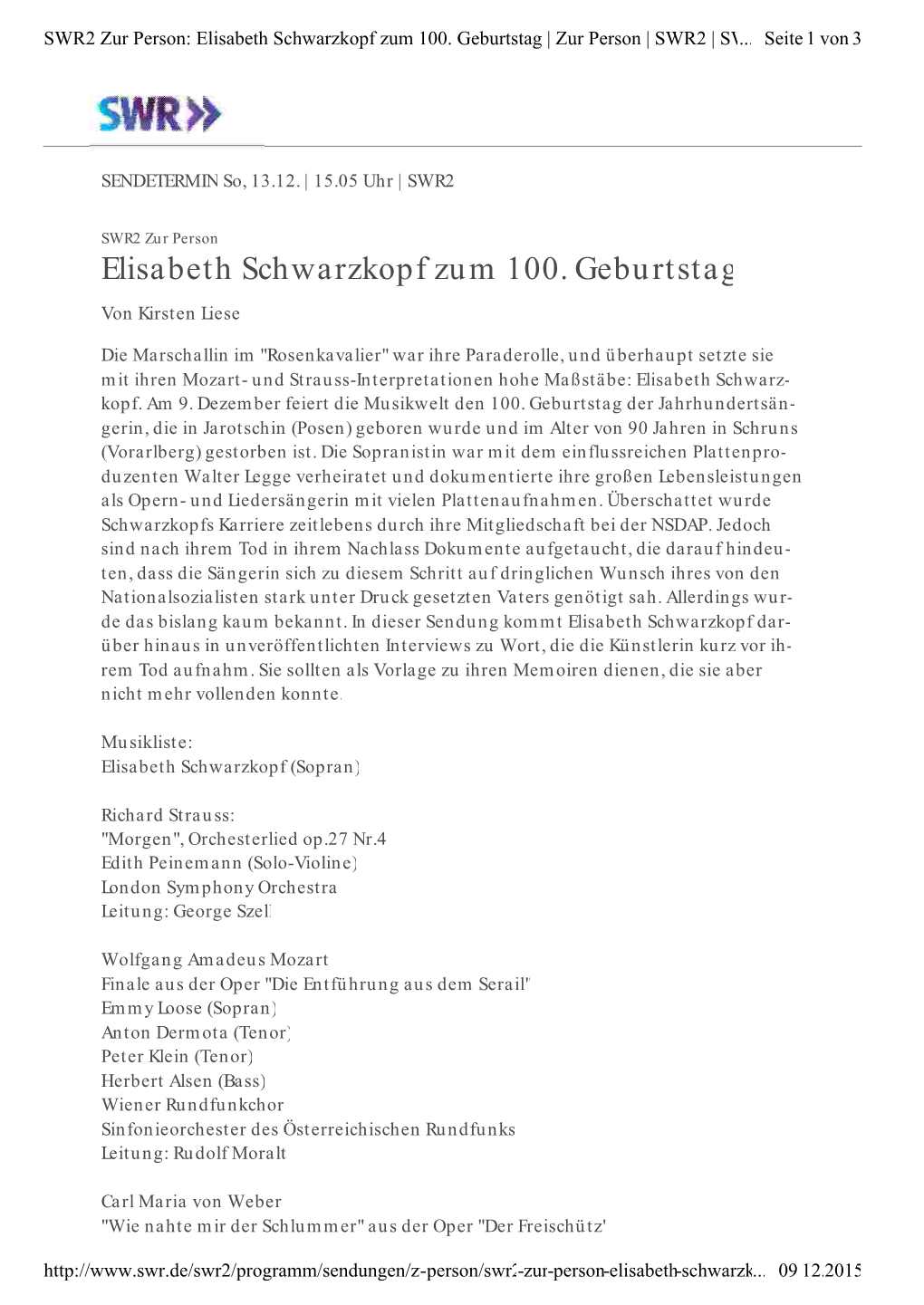 Elisabeth Schwarzkopf Zum 100. Geburtstag | Zur Person | SWR2 | SWR