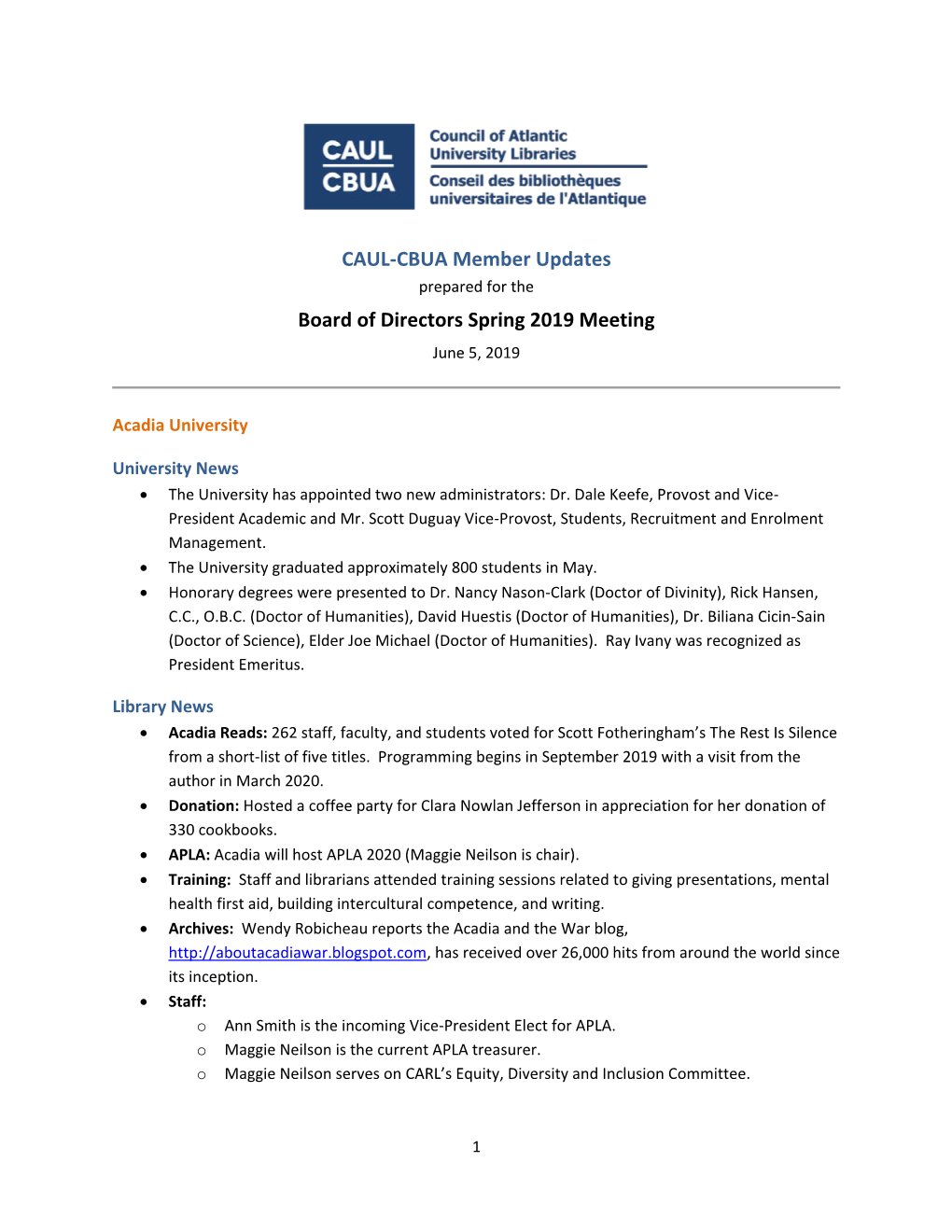 CAUL-CBUA Member Updates Board of Directors Spring 2019 Meeting