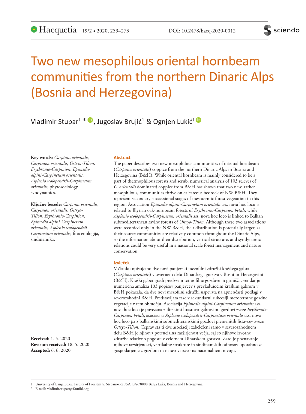 Two New Mesophilous Oriental Hornbeam Communities from the Northern Dinaric Alps (Bosnia and Herzegovina)
