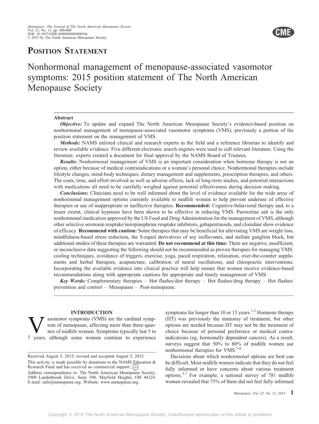 Nonhormonal Management of Menopause-Associated Vasomotor Symptoms: 2015 Position Statement of the North American Menopause Society