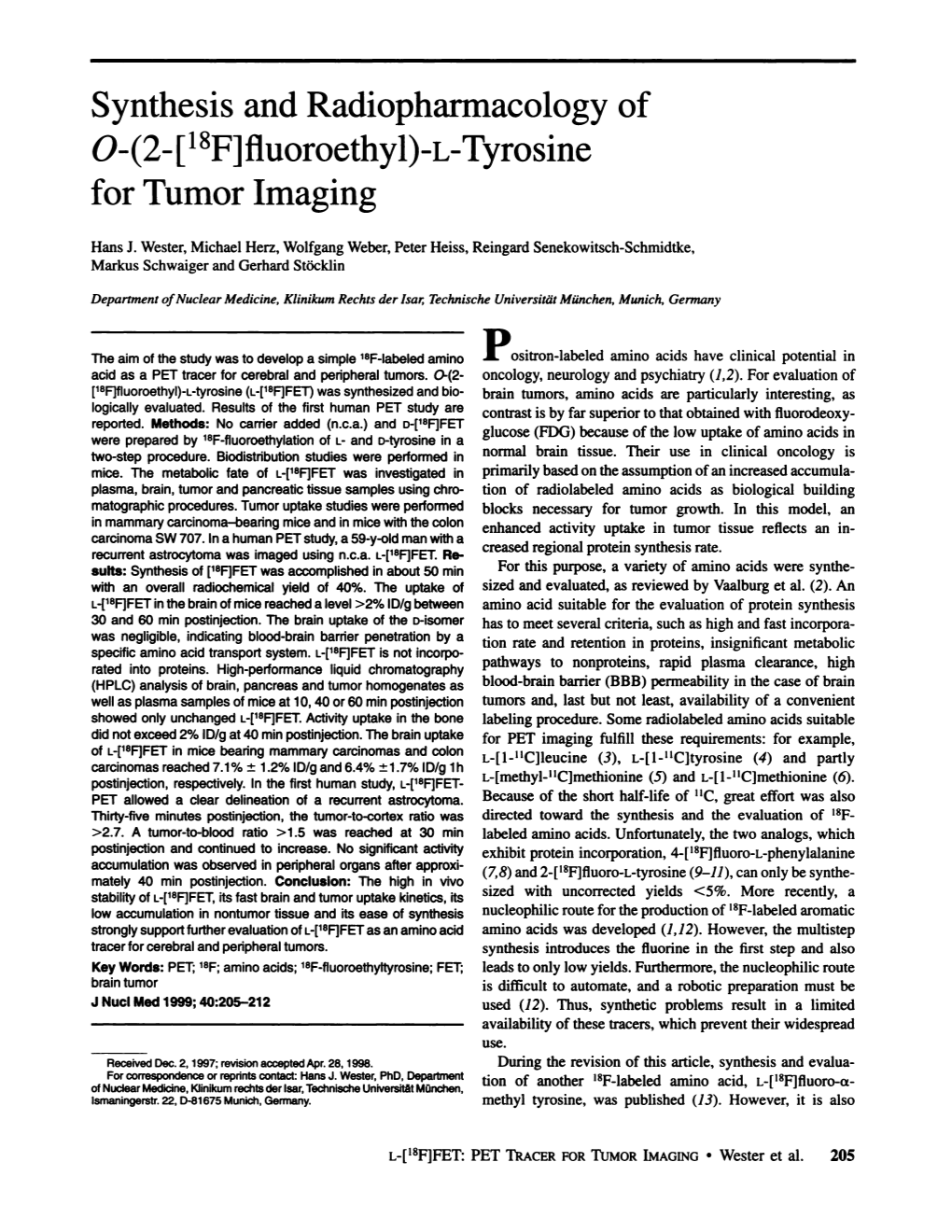 Synthesis and Radiopharmacology of O-(2-[18F]Fluoroethyl)-L-Tyrosine for Tumor Imaging