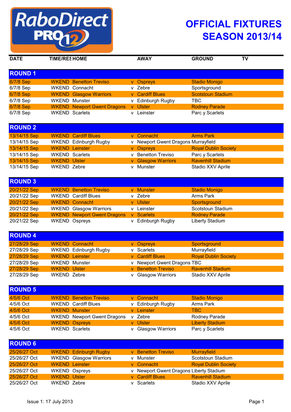 Official Fixtures Season 2013/14