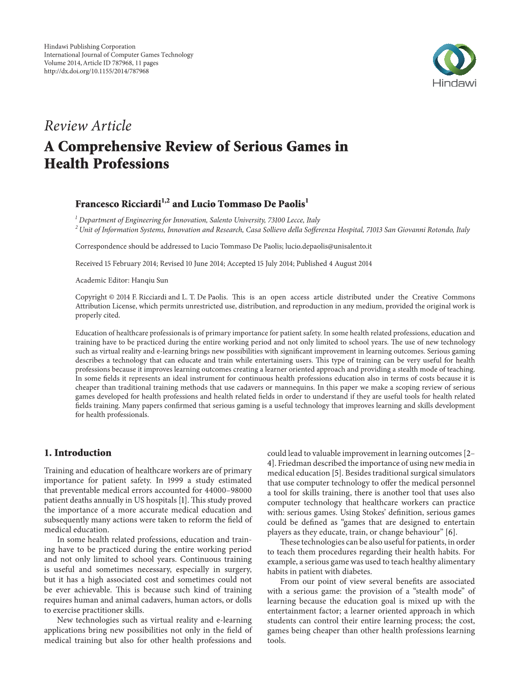 A Comprehensive Review of Serious Games in Health Professions