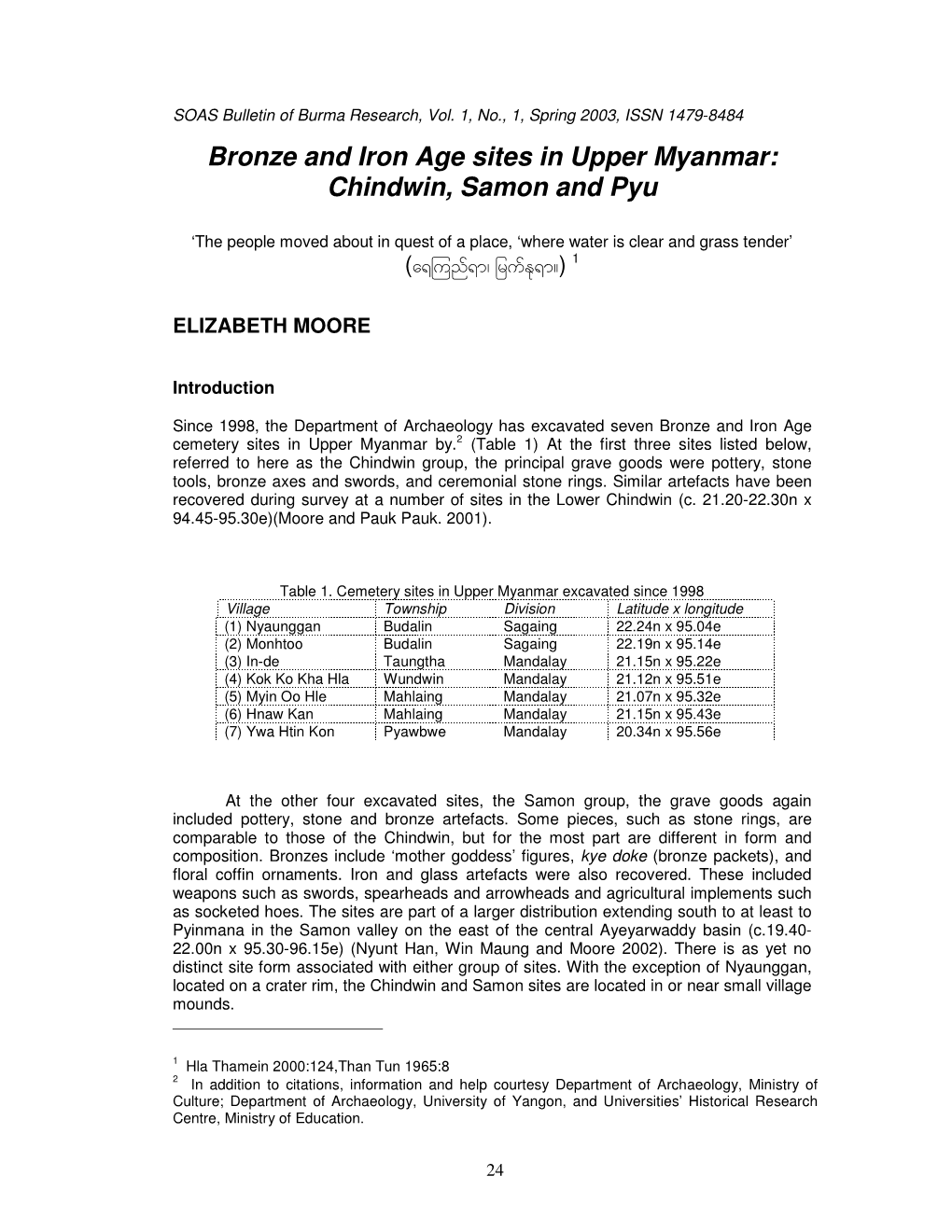 Bronze and Iron Age Sites in Upper Myanmar: Chindwin, Samon and Pyu