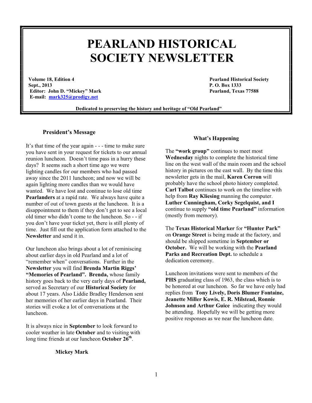 PHS Newsletter Volume18 Edition4 10/2013