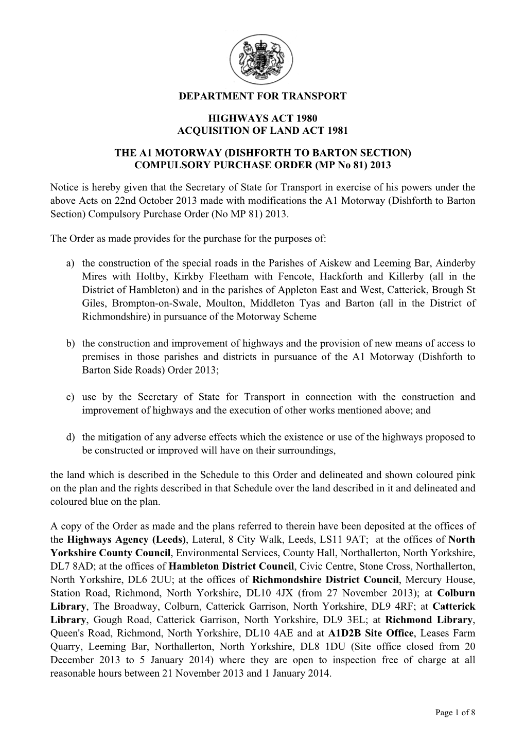 (DISHFORTH to BARTON SECTION) COMPULSORY PURCHASE ORDER (MP No 81) 2013