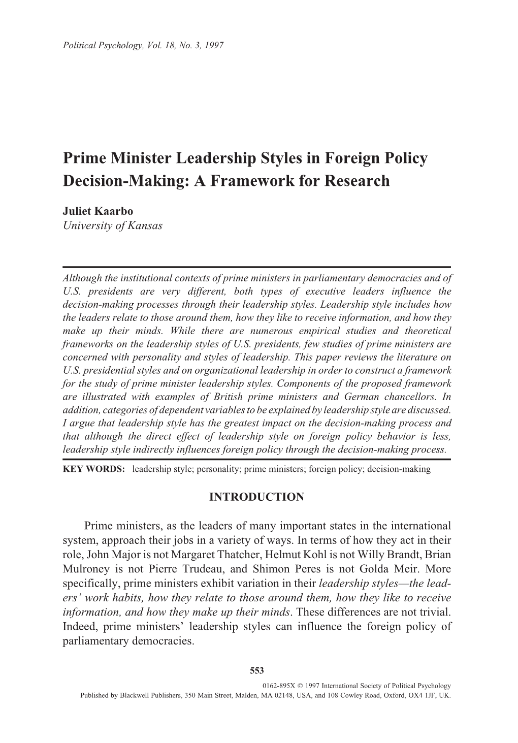 Prime Minister Leadership Styles in Foreign Policy Decision-Making: a Framework for Research