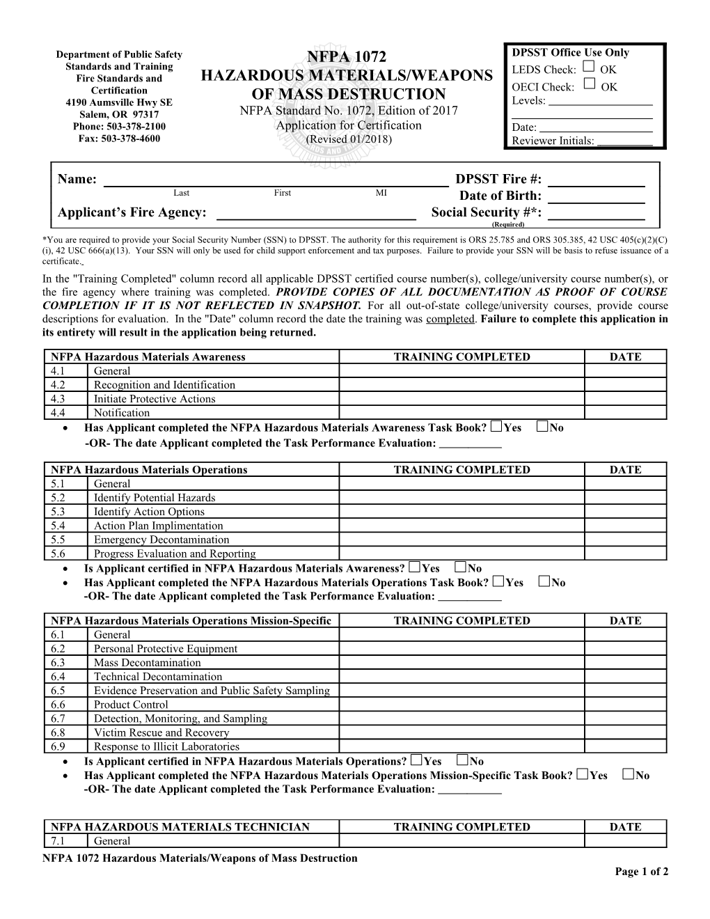 Has Applicant Completed the NFPA Hazardous Materials Awareness Task Book? Yes No