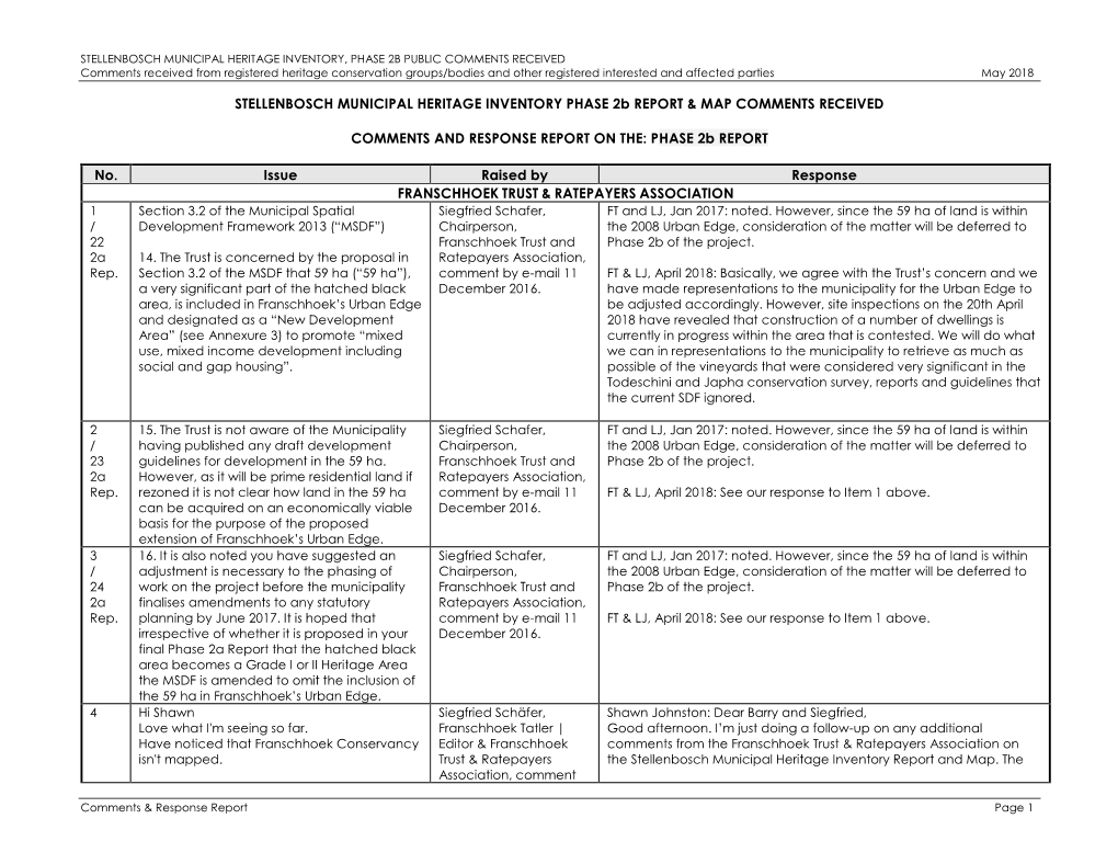 Phase 2B Comments Response Report May 2018