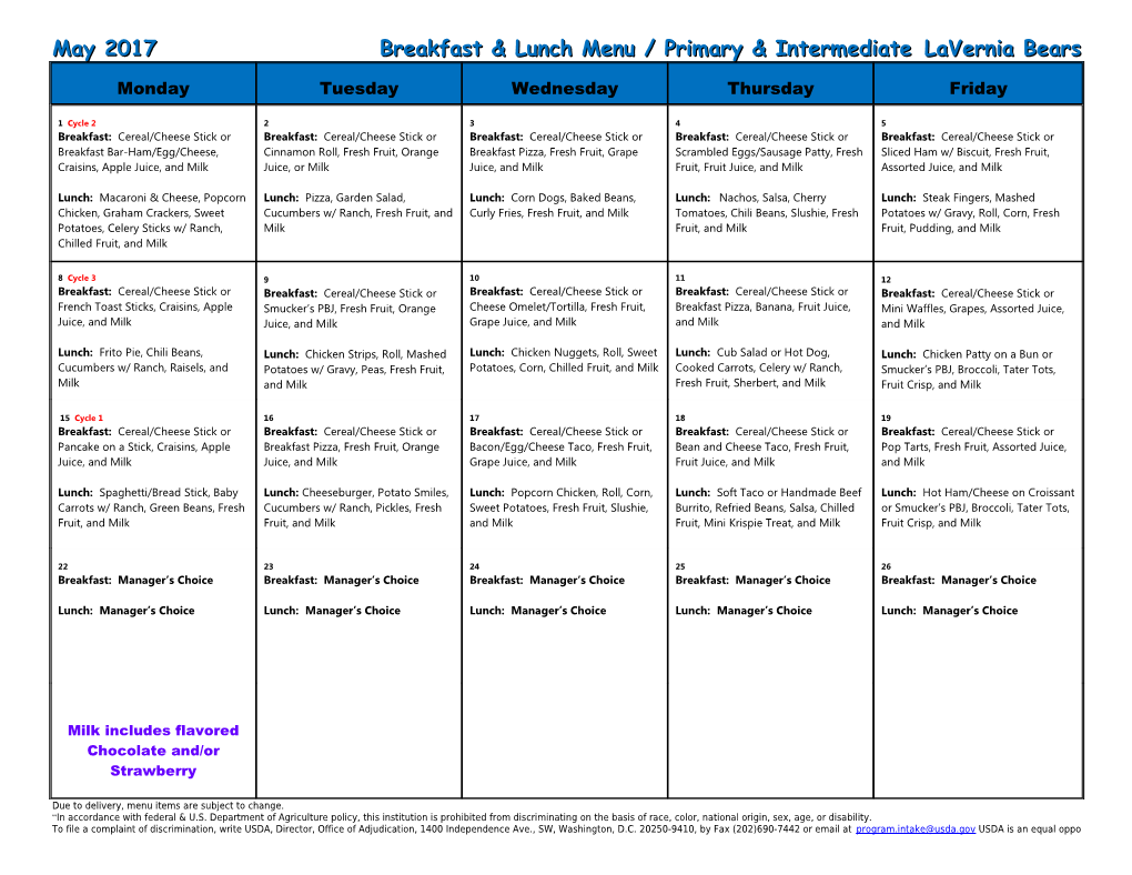 May 2017 Breakfast & Lunch Menu / Primary & Intermediate Lavernia Bears