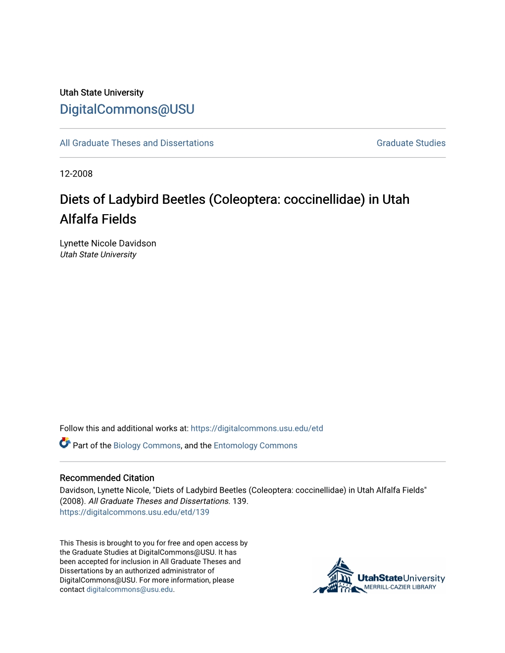 Diets of Ladybird Beetles (Coleoptera: Coccinellidae) in Utah Alfalfa Fields