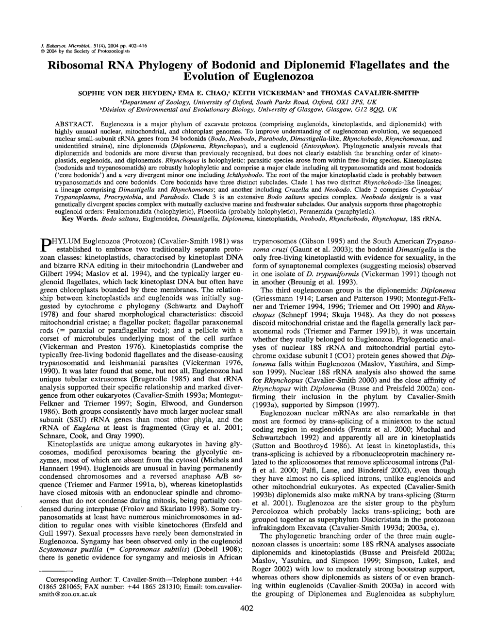 Ribosomal RNA Phylogeny of Bodonid and Diplonemid Flagellates and the Evolution of Euglenozoa