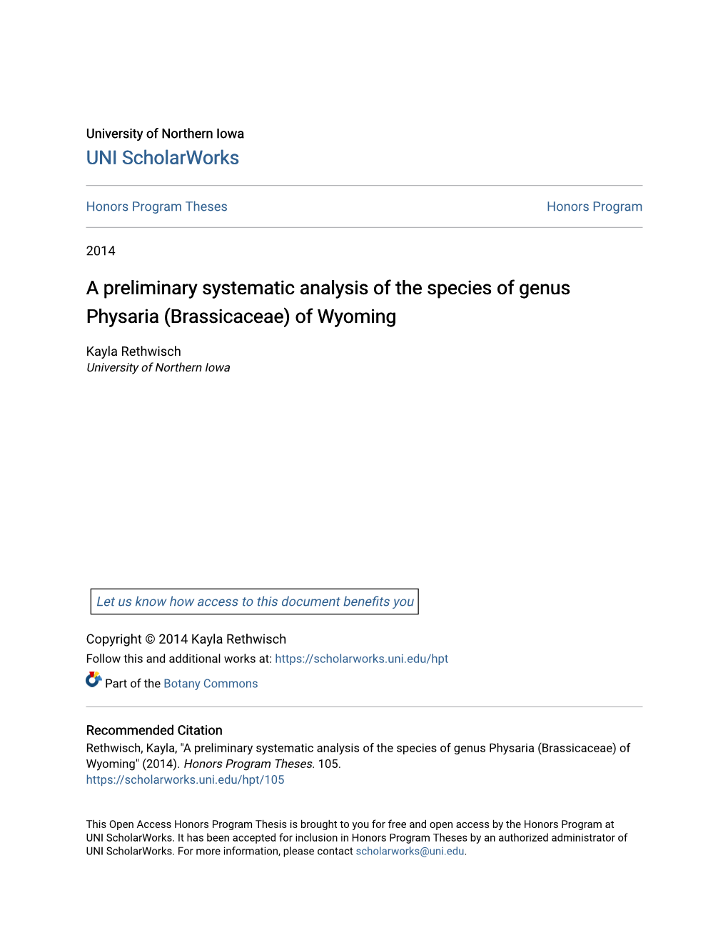 A Preliminary Systematic Analysis of the Species of Genus Physaria (Brassicaceae) of Wyoming