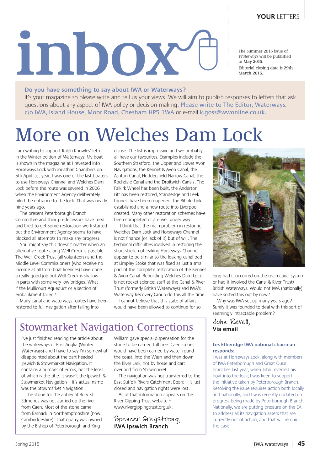 John Revell's Letter More on Welches Dam Lock in the Spring 2015 IWA Waterways