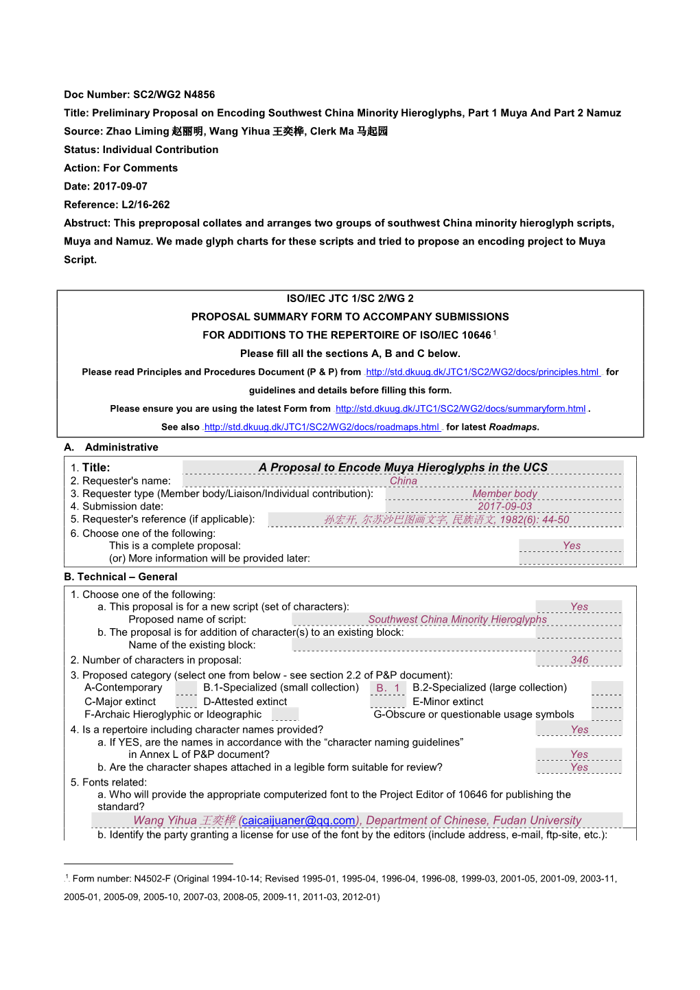 A Proposal to Encode Muya Hieroglyphs in the UCS 2