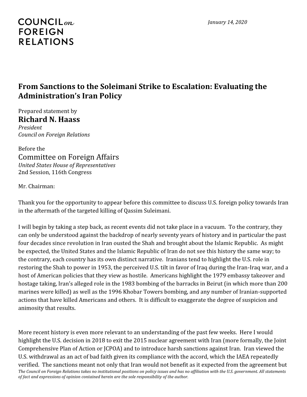 Evaluating the Administration's Iran Policy Richard N. Haass Committee O