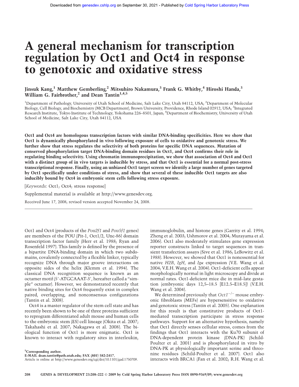 A General Mechanism for Transcription Regulation by Oct1 and Oct4 in Response to Genotoxic and Oxidative Stress