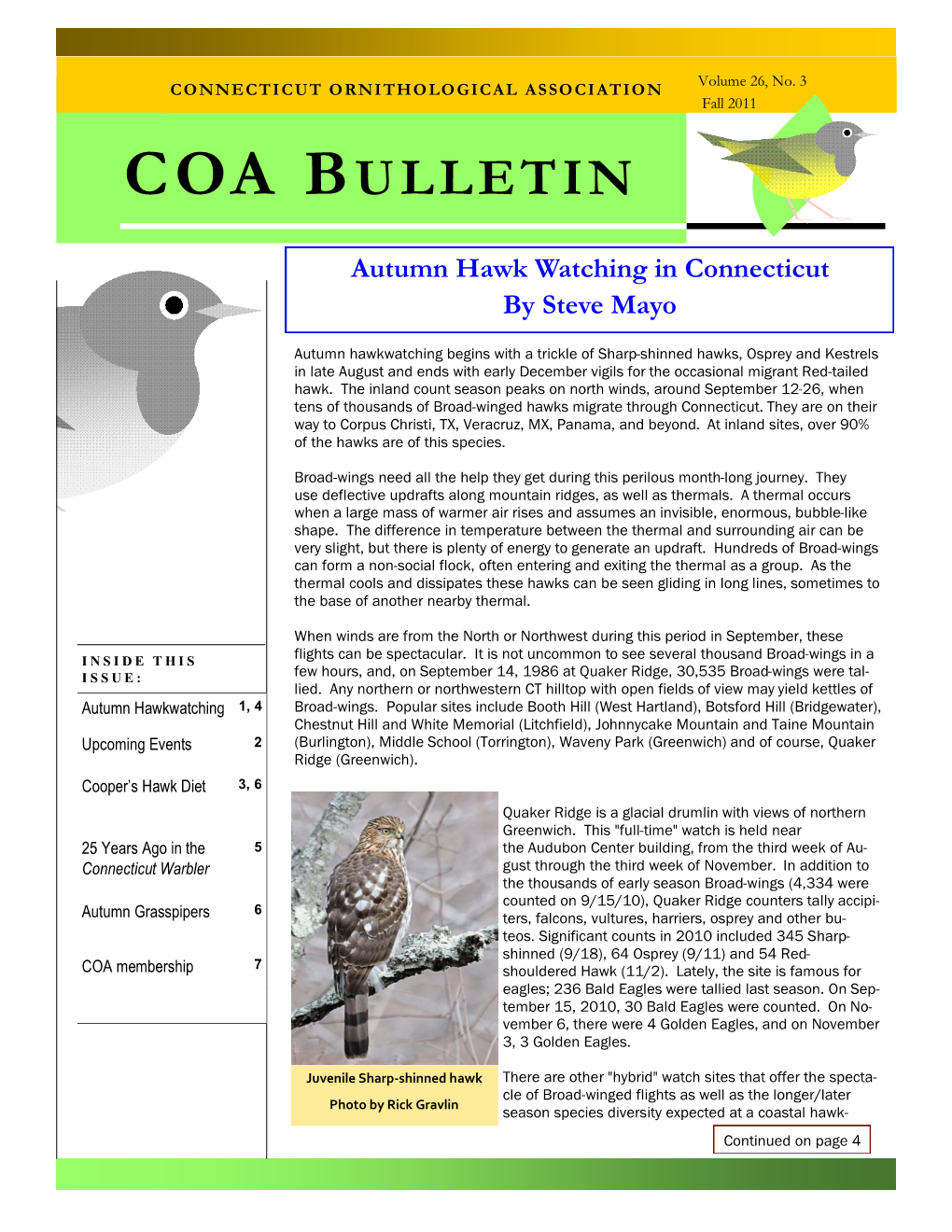 COA Bulletin Fall 2011, 26:3, Page 2 Upcoming Events