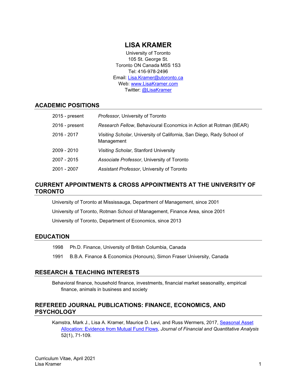 Lisa Kramer Curriculum Vitae