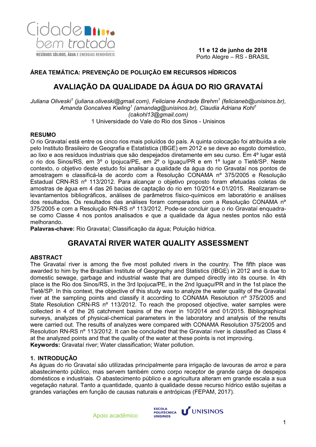 Avaliação Da Qualidade Da Água Do Rio Gravataí Gravataí River Water Quality Assessment