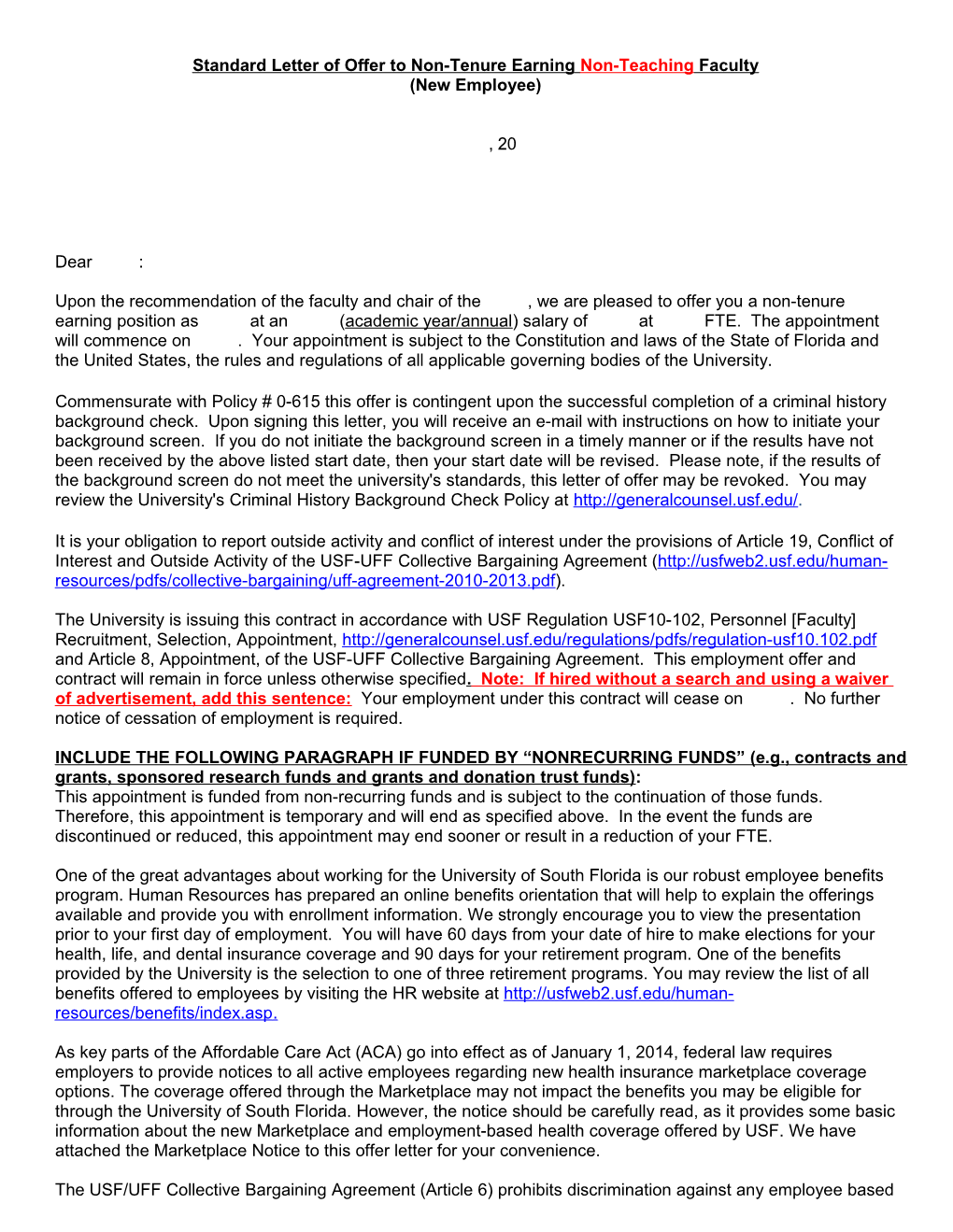 Standard Letter of Offer to Non-Tenure Earning Non-Teaching Faculty
