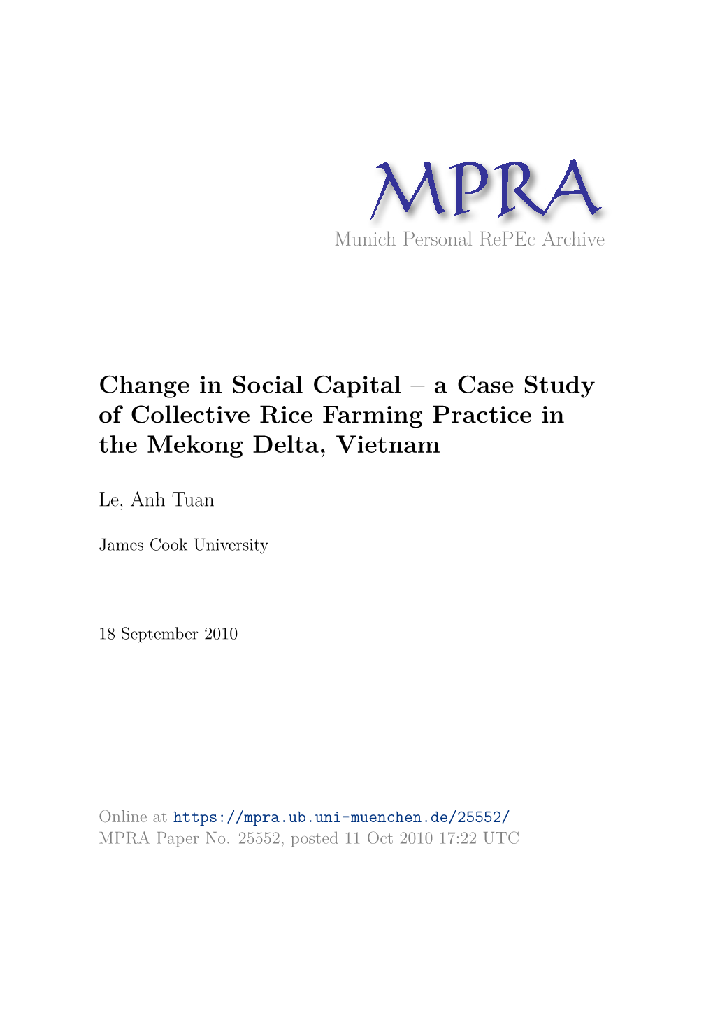 Change in Social Capital – a Case Study of Collective Rice Farming Practice in the Mekong Delta, Vietnam