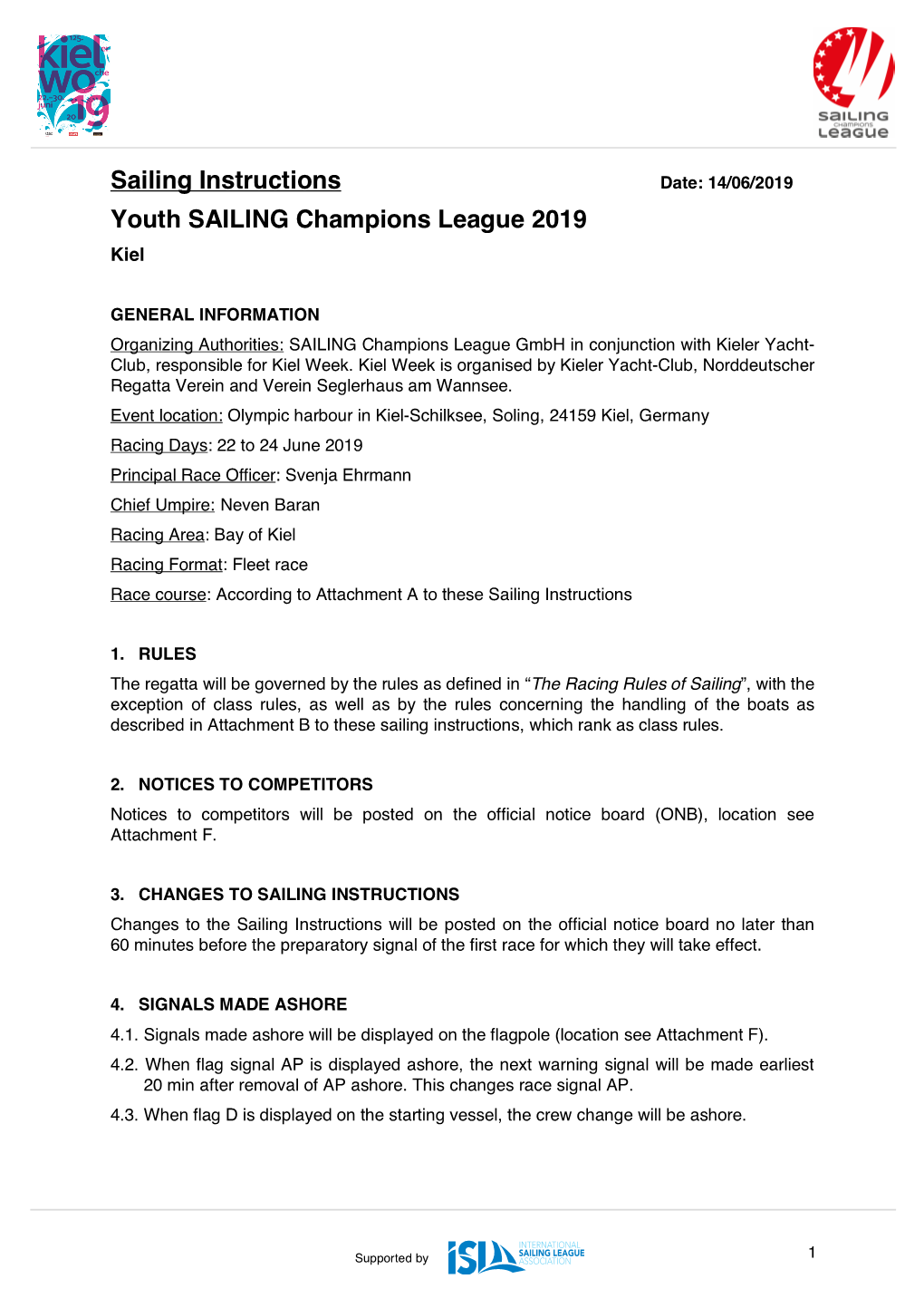 Sailing Instructions Date: 14/06/2019 Youth SAILING Champions League 2019 Kiel