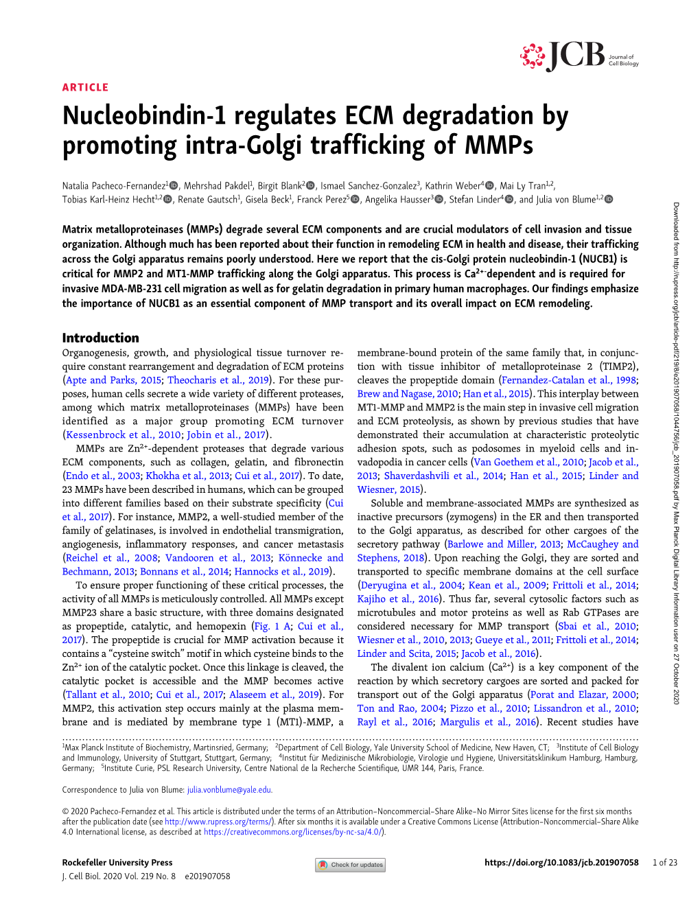 Nucleobindin-1 Regulates ECM Degradation by Promoting Intra-Golgi Trafficking of Mmps