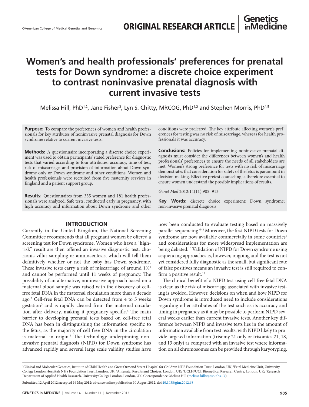Women's and Health Professionals' Preferences for Prenatal Tests For