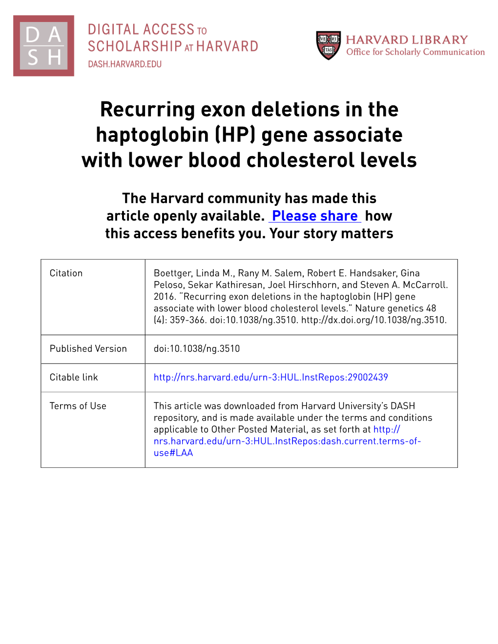 Recurring Exon Deletions in the Haptoglobin (HP) Gene Associate with Lower Blood Cholesterol Levels