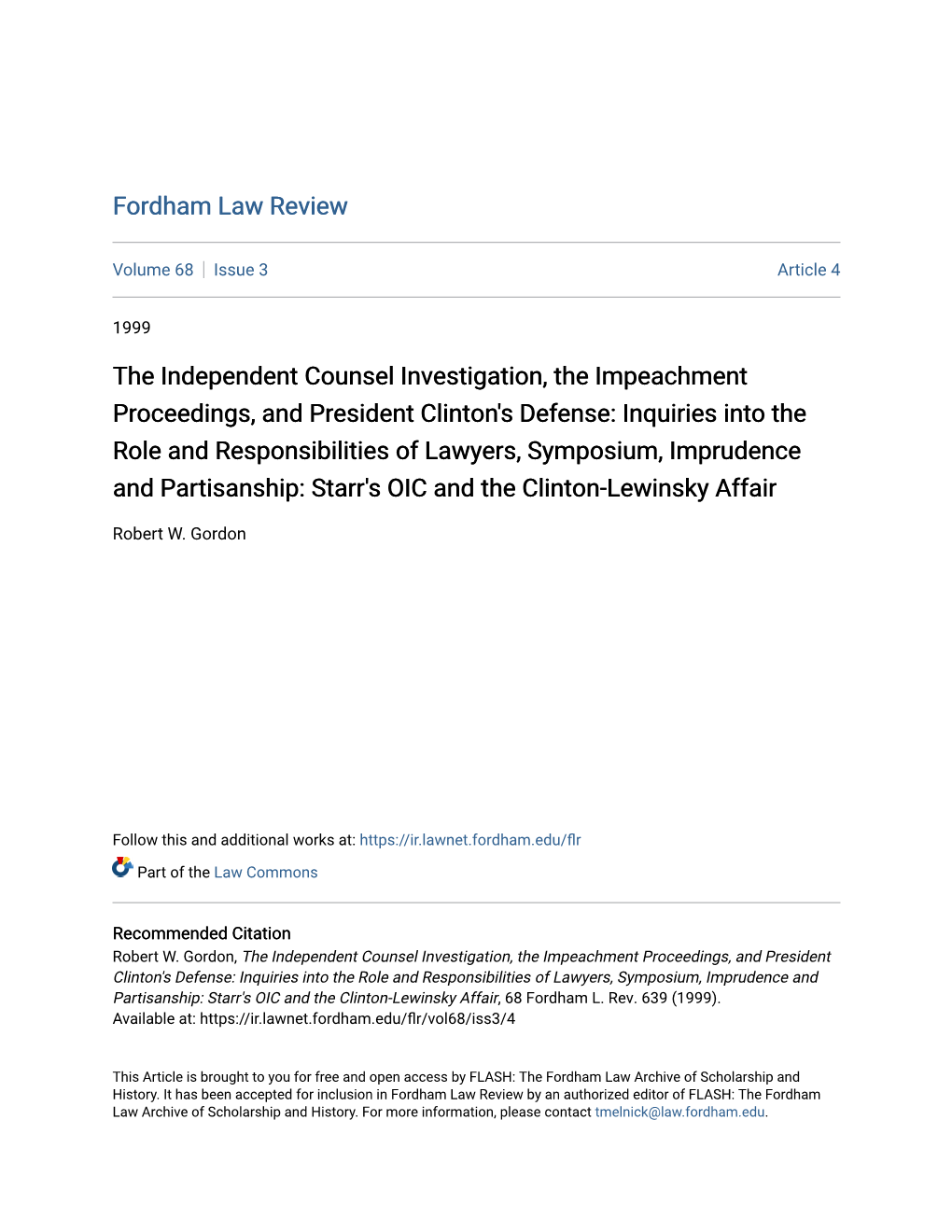 The Independent Counsel Investigation, the Impeachment