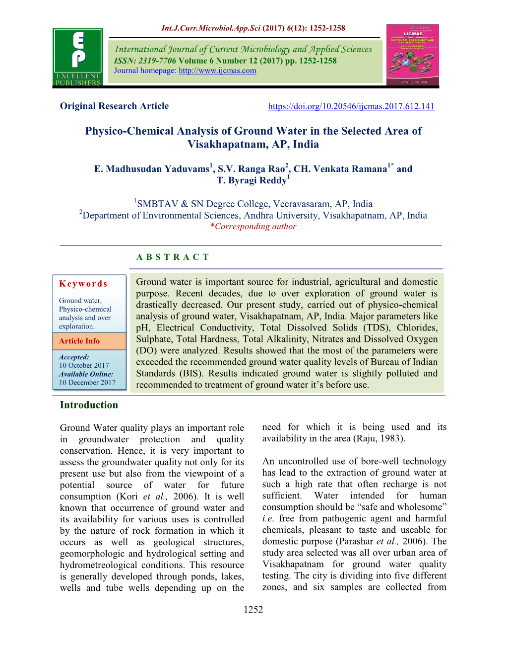 Physico-Chemical Analysis of Ground Water in the Selected Area of Visakhapatnam, AP, India