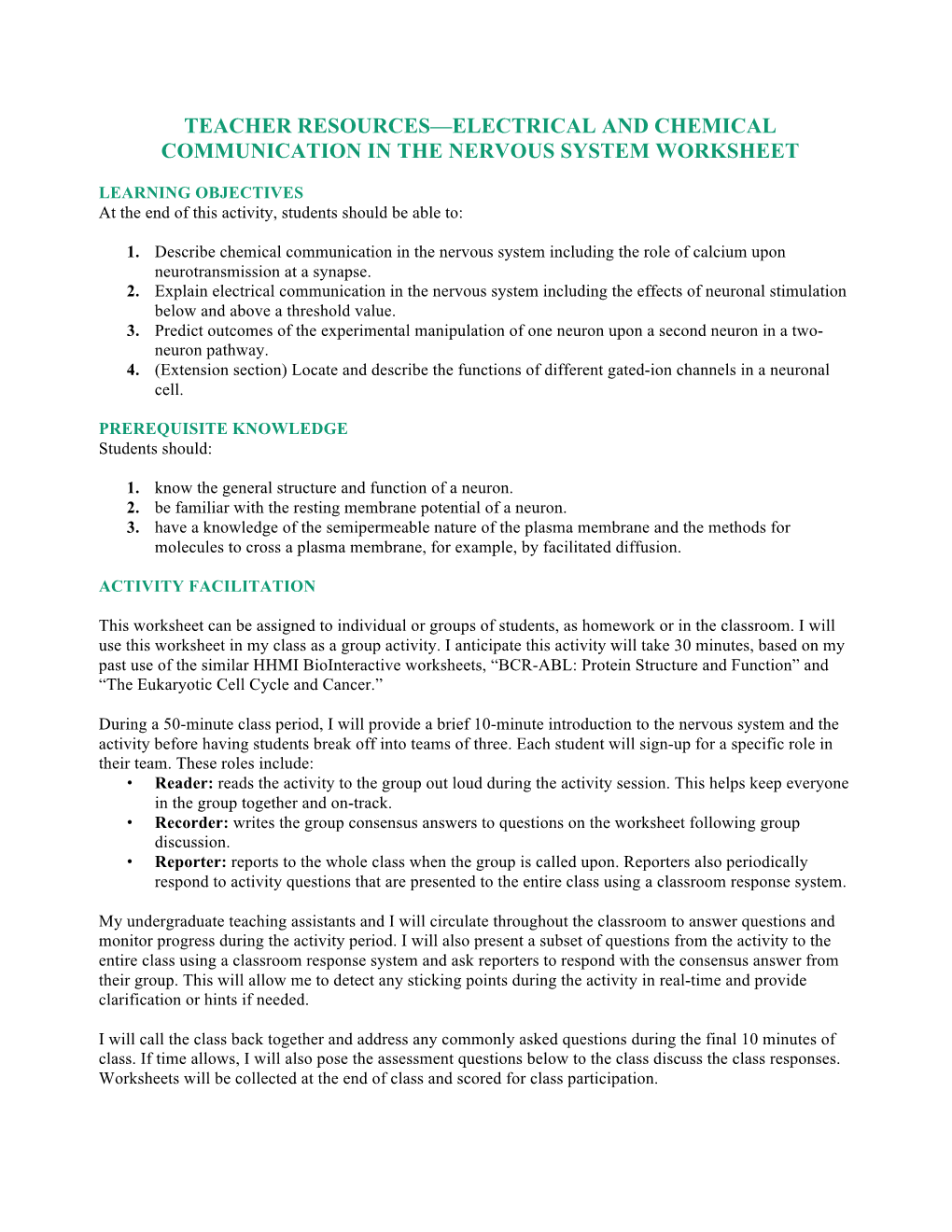 Electrical Activity of Neurons Worksheet TEACHER RESOURCES