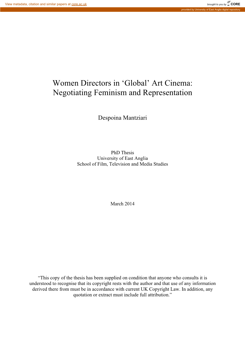 Women Directors in 'Global' Art Cinema: Negotiating Feminism And