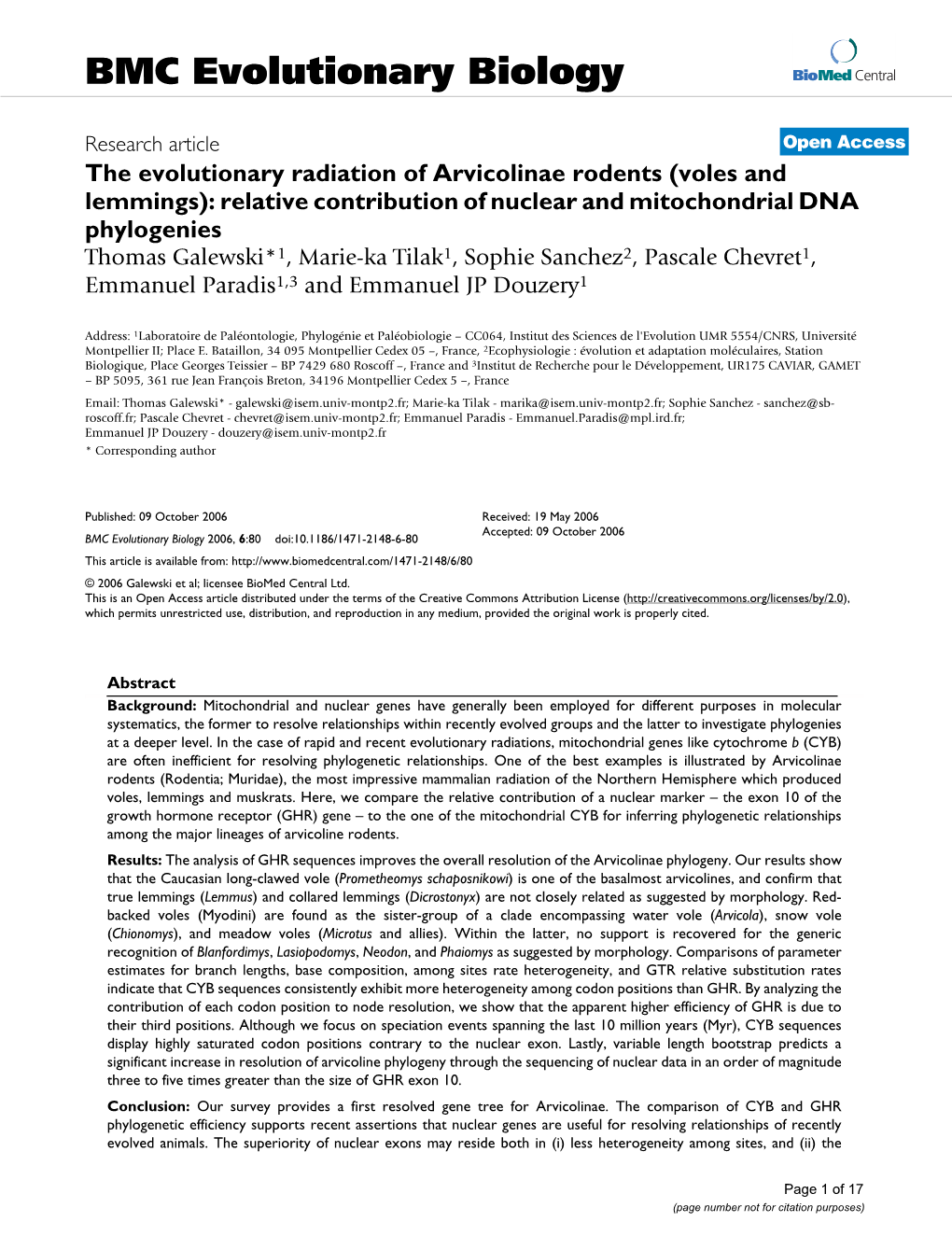 The Evolutionary Radiation of Arvicolinae Rodents (Voles and Lemmings): Relative Contribution of Nuclear and Mitochondrial DNA Phylogenies