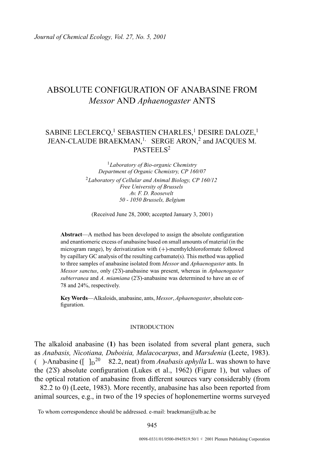 ABSOLUTE CONFIGURATION of ANABASINE from Messor and Aphaenogaster ANTS