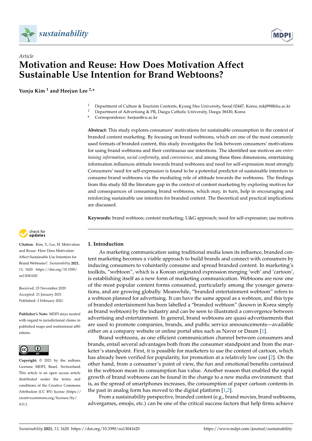 Motivation and Reuse: How Does Motivation Affect Sustainable Use Intention for Brand Webtoons?